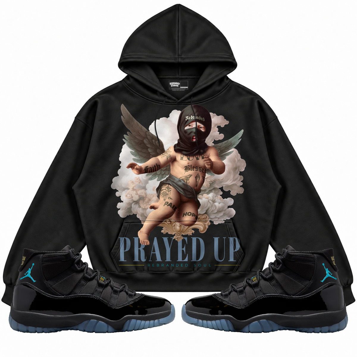 Rebranded Studios apparel — front styled with matching sneakers