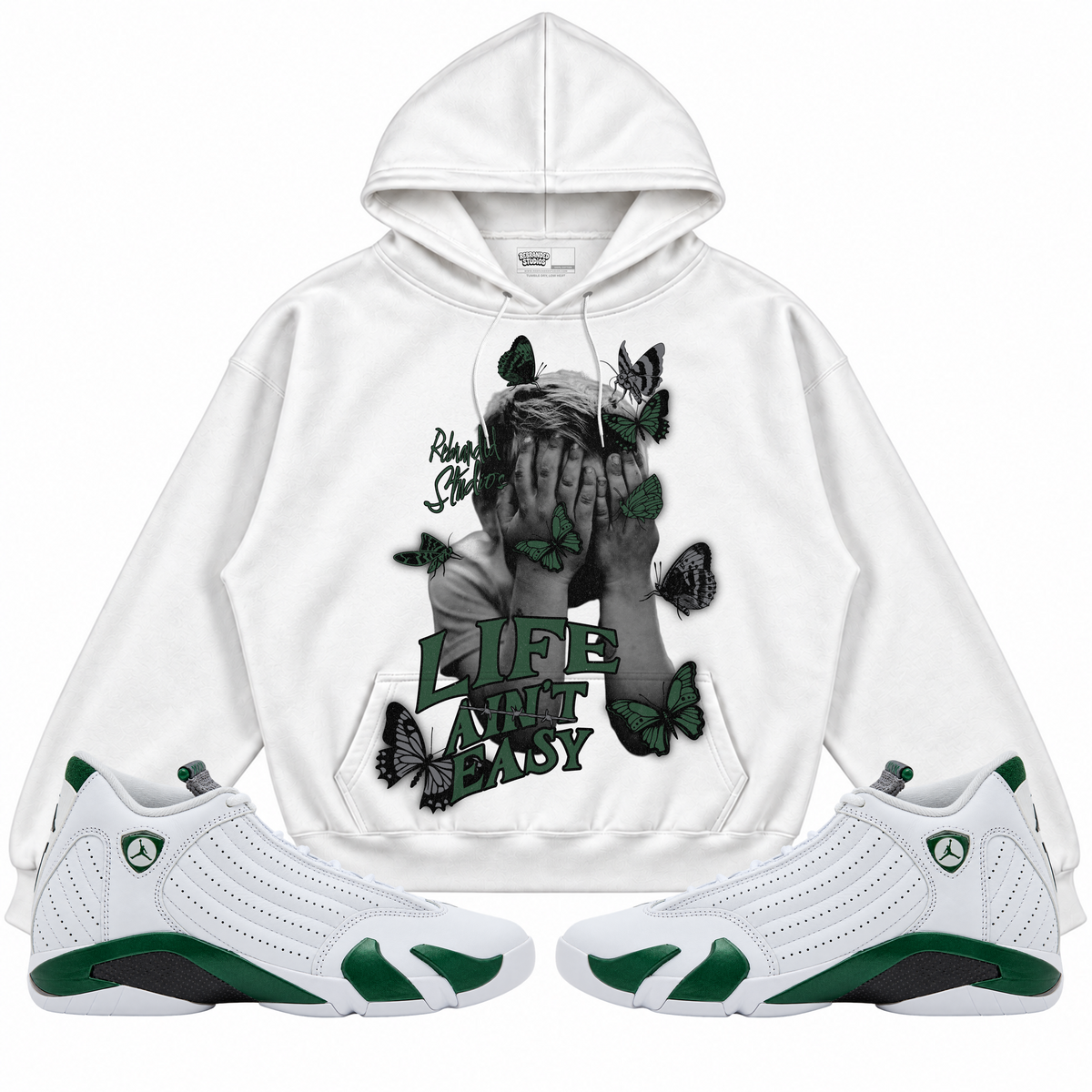 Rebranded Studios apparel — front styled with matching sneakers