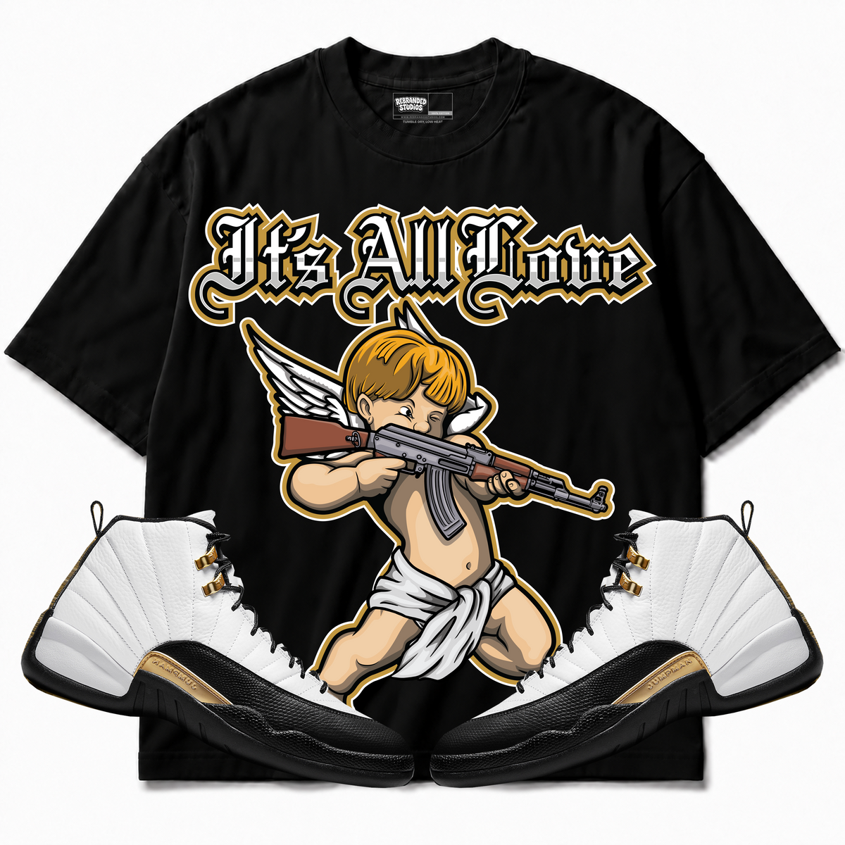 Rebranded Studios apparel — front styled with matching sneakers