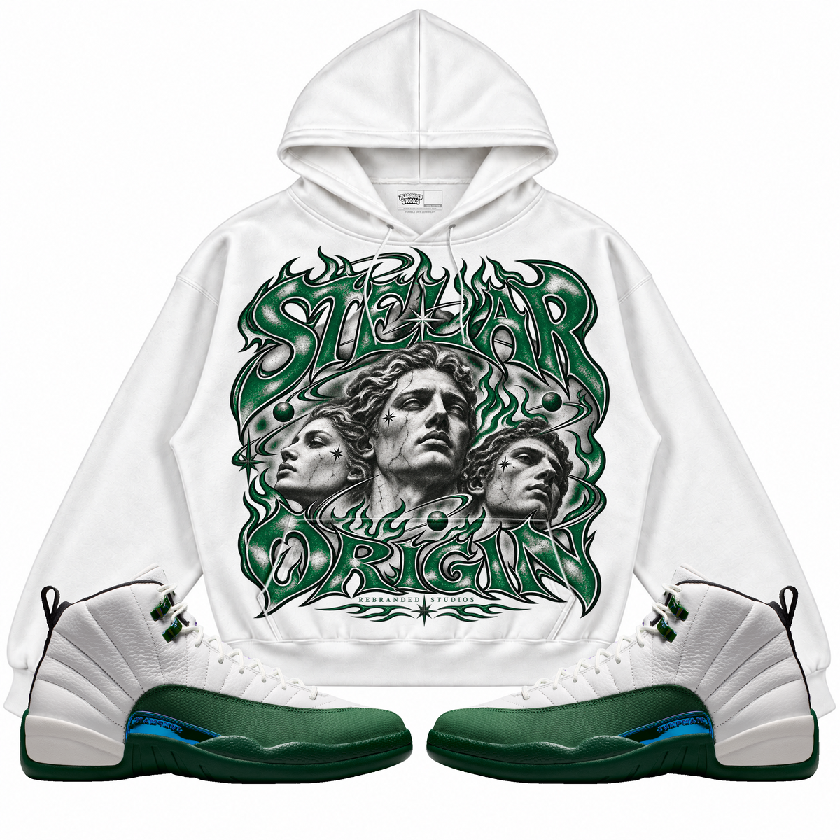 Rebranded Studios apparel — front styled with matching sneakers
