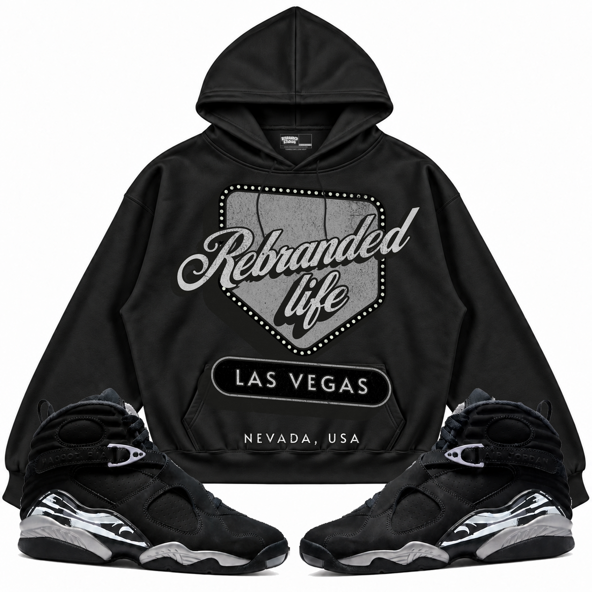 Rebranded Studios apparel — front styled with matching sneakers