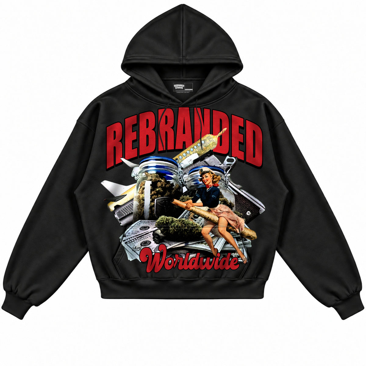 Rebranded Studios apparel — front without sneakers