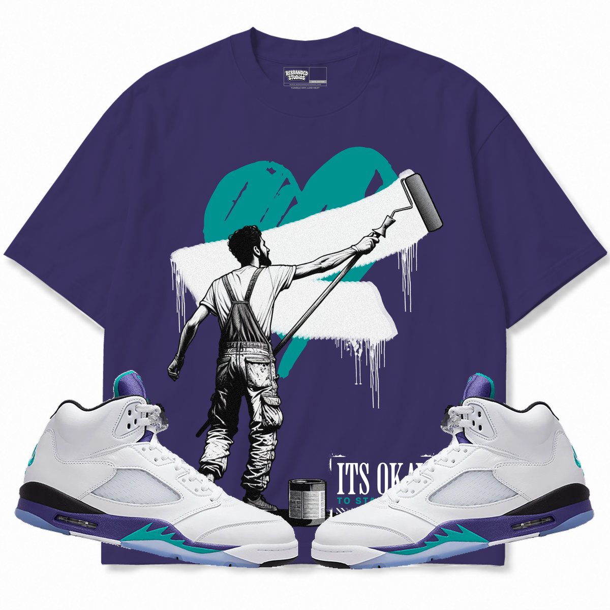 Rebranded Studios apparel — front styled with matching sneakers