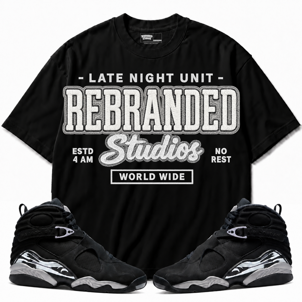 Rebranded Studios apparel — front styled with matching sneakers