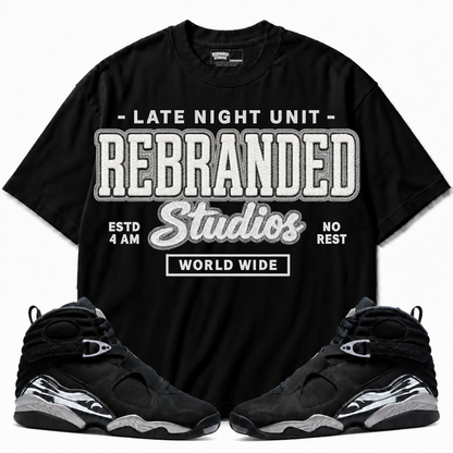 Rebranded Studios apparel — front styled with matching sneakers
