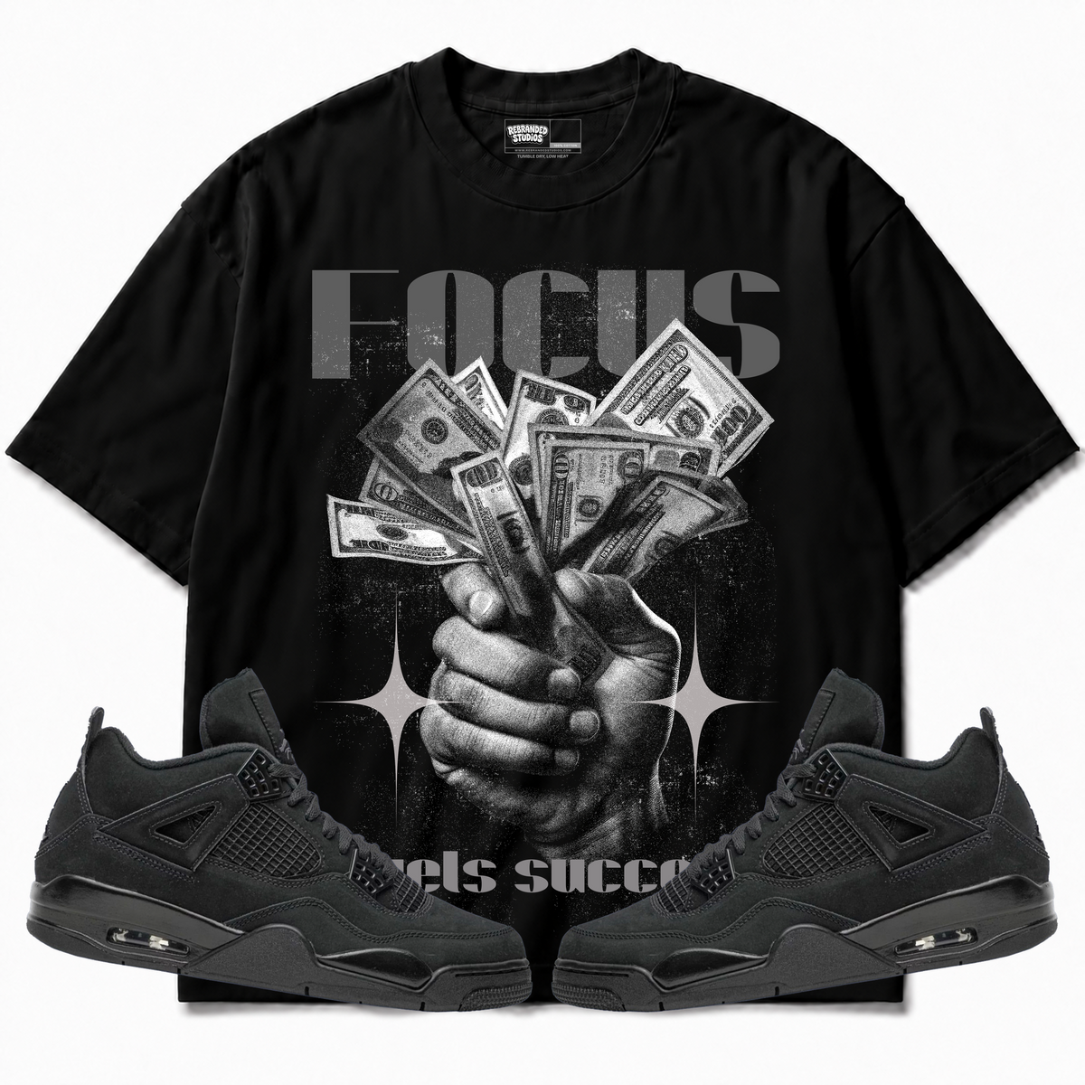 Rebranded Studios apparel — front styled with matching sneakers