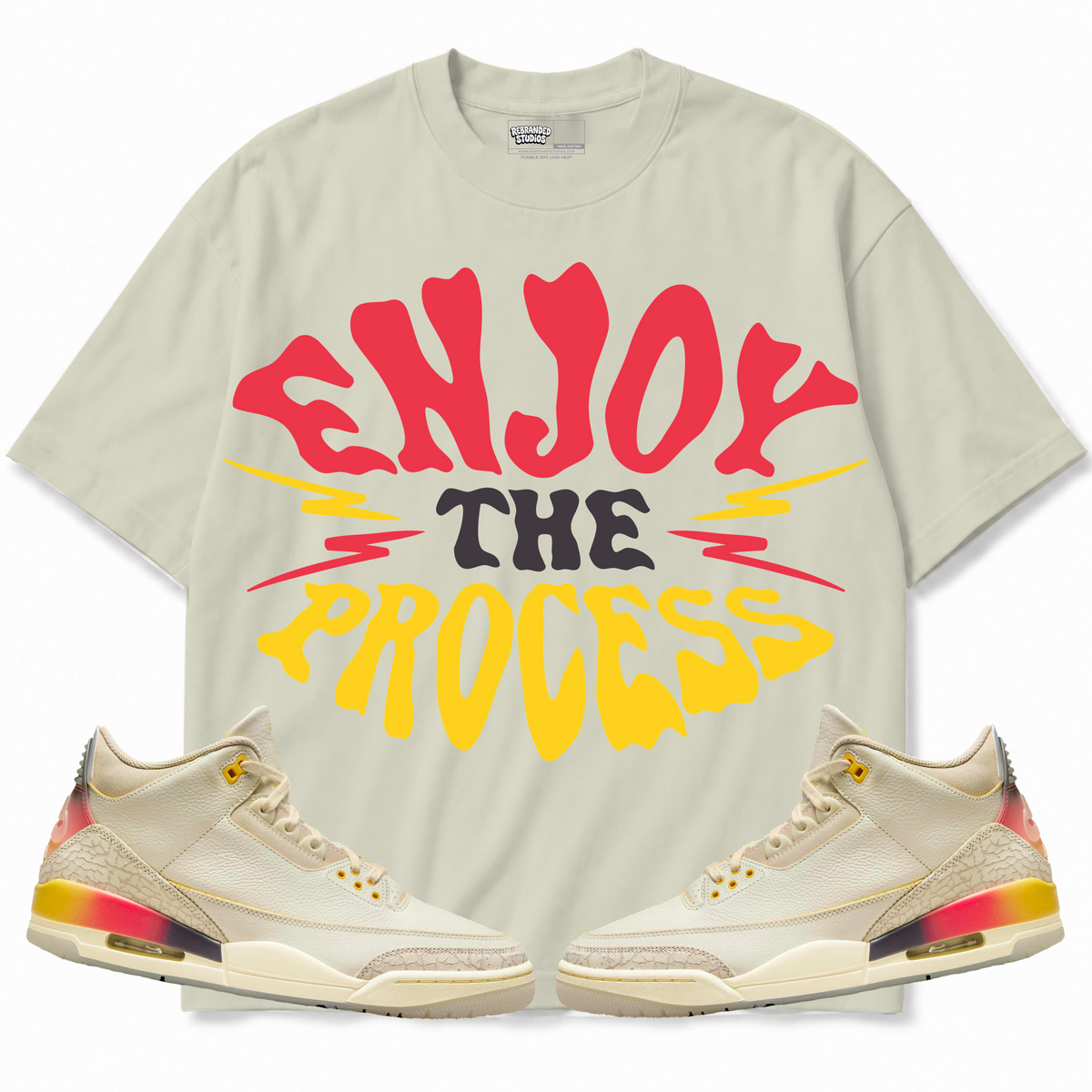 Rebranded Studios apparel — front styled with matching sneakers