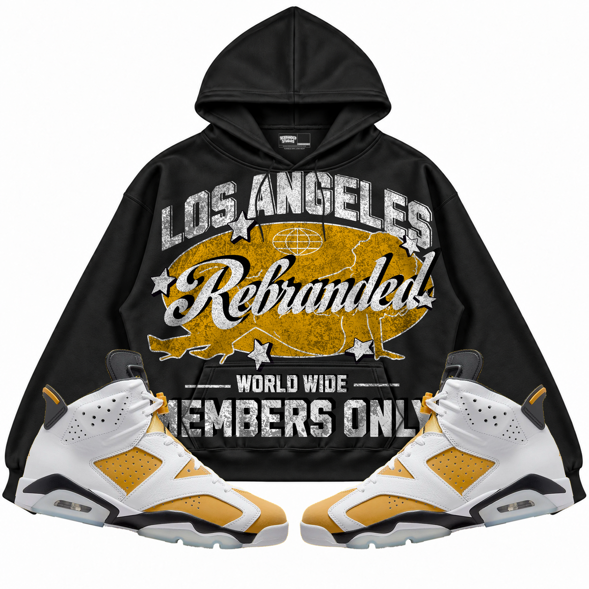 Rebranded Studios apparel — front styled with matching sneakers