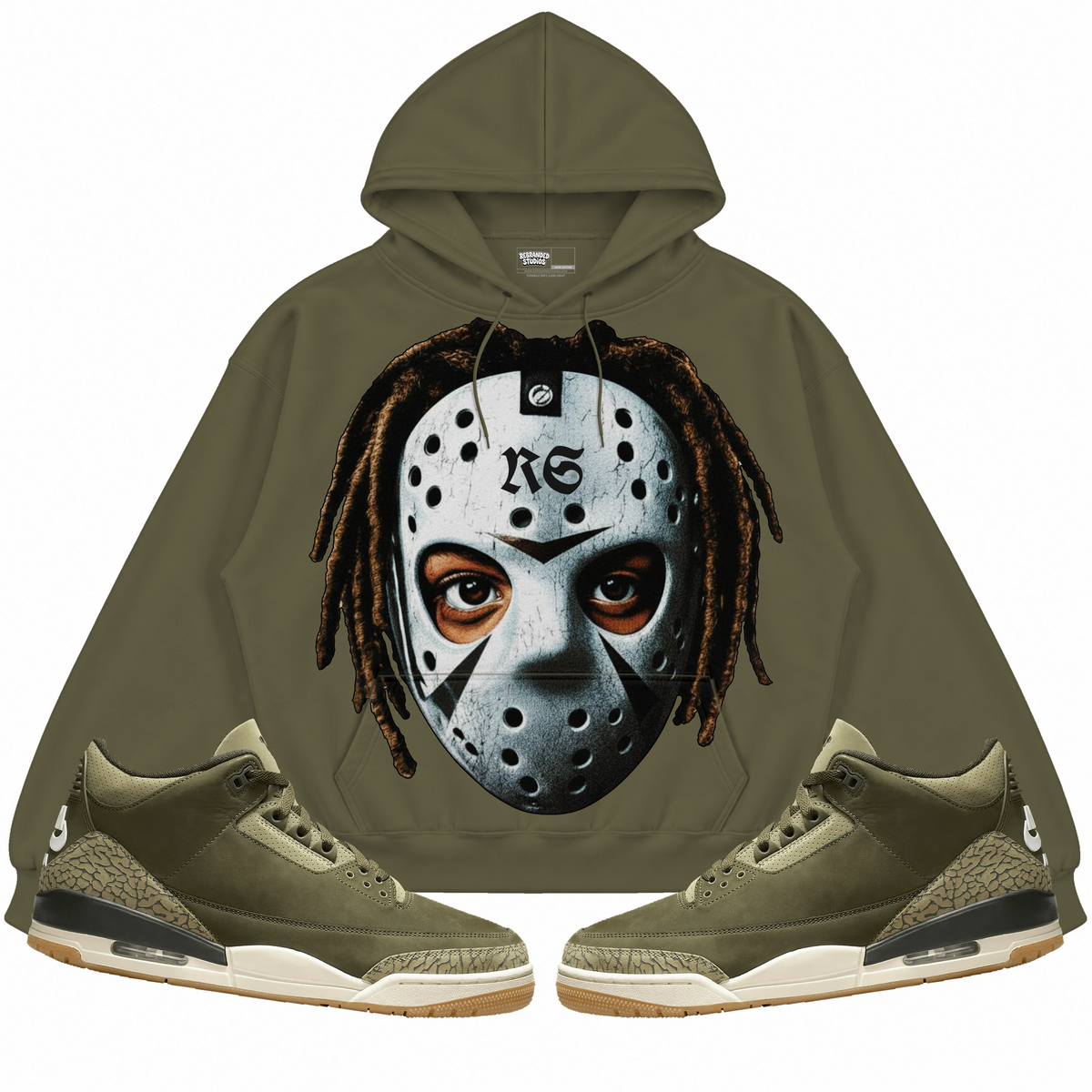 Rebranded Studios apparel — front styled with matching sneakers