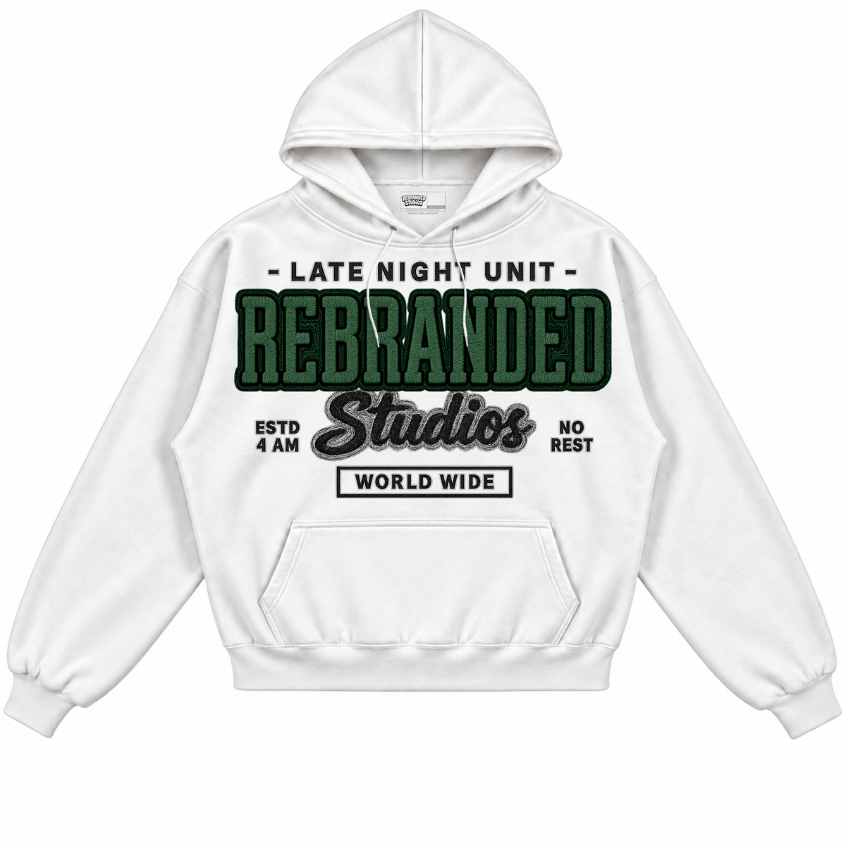 Rebranded Studios apparel — front without sneakers