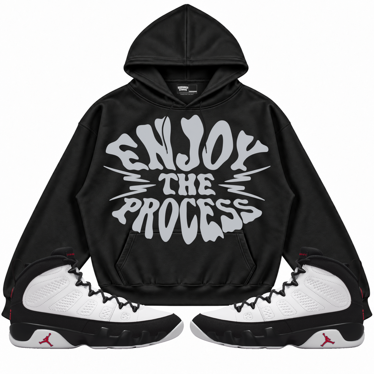 Rebranded Studios apparel — front styled with matching sneakers