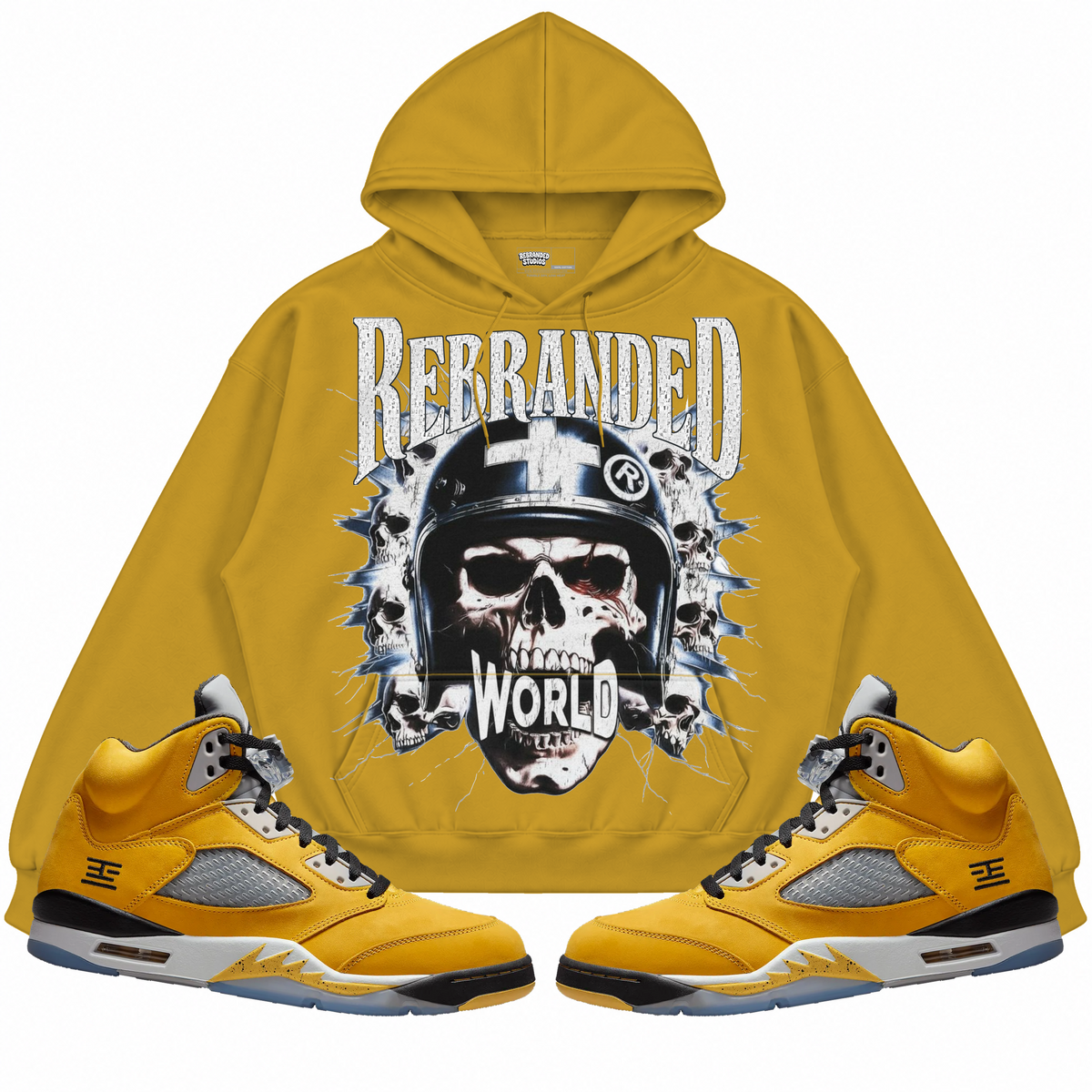 Rebranded Studios apparel — front styled with matching sneakers