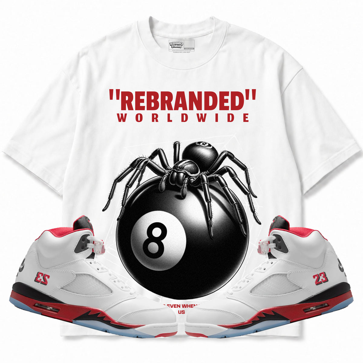 Rebranded Studios apparel — front styled with matching sneakers