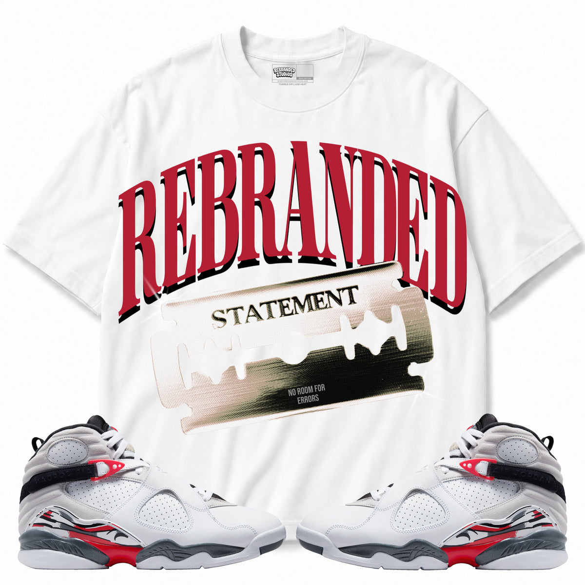 Rebranded Studios apparel — front styled with matching sneakers