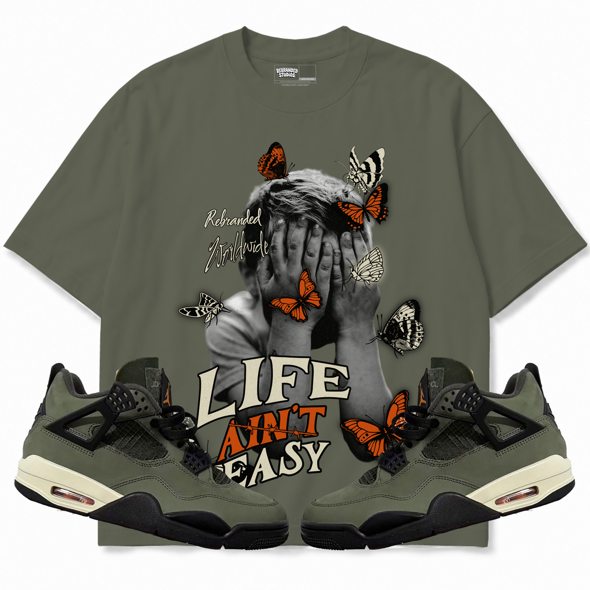 Rebranded Studios apparel — front styled with matching sneakers