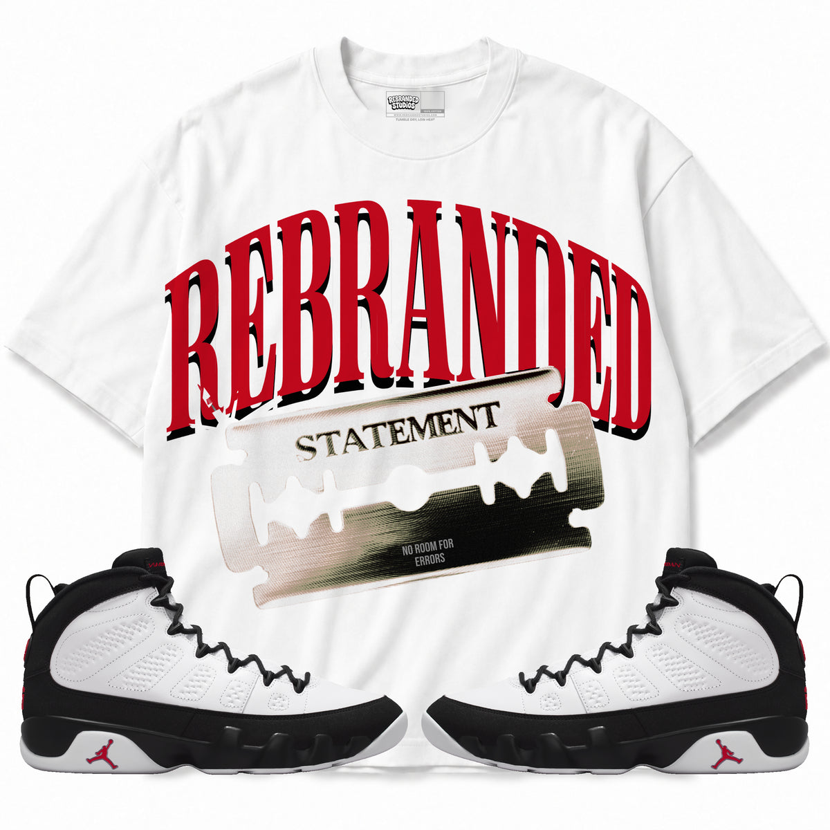 Rebranded Studios apparel — front styled with matching sneakers