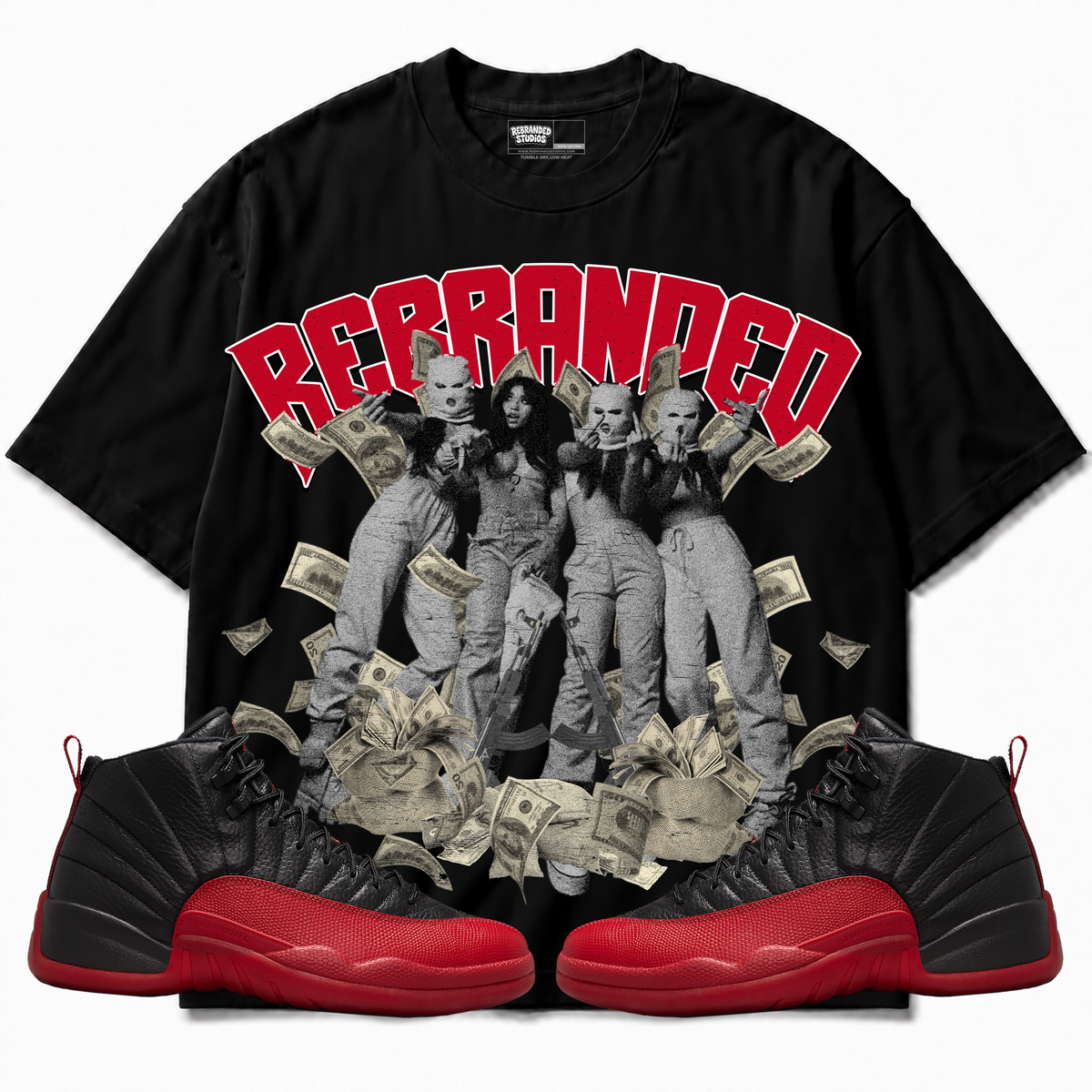 Rebranded Studios apparel — front styled with matching sneakers