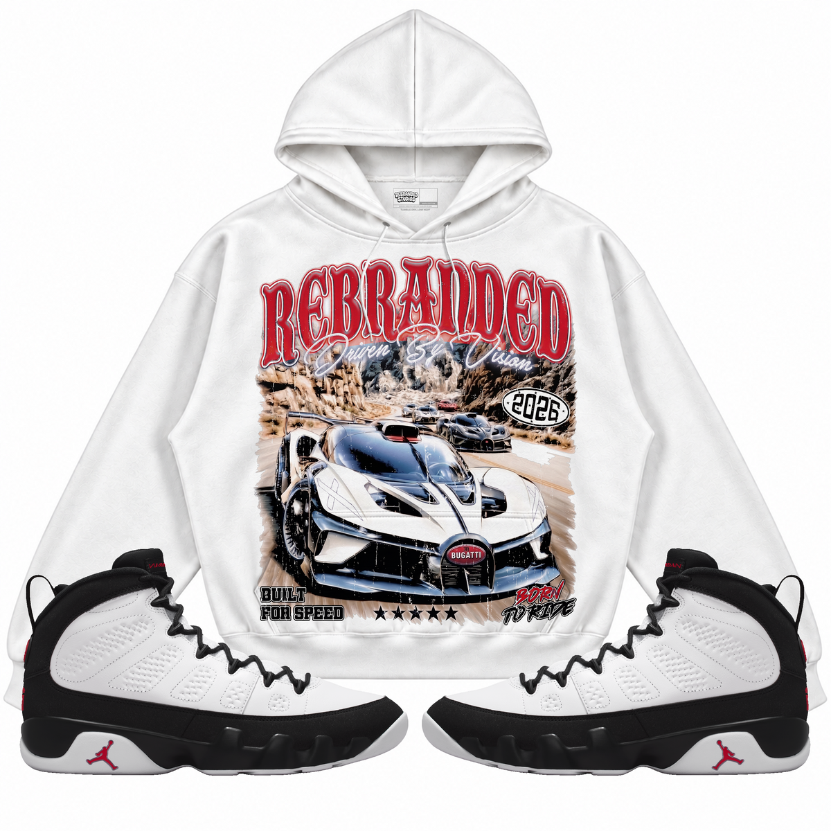 Rebranded Studios apparel — front styled with matching sneakers