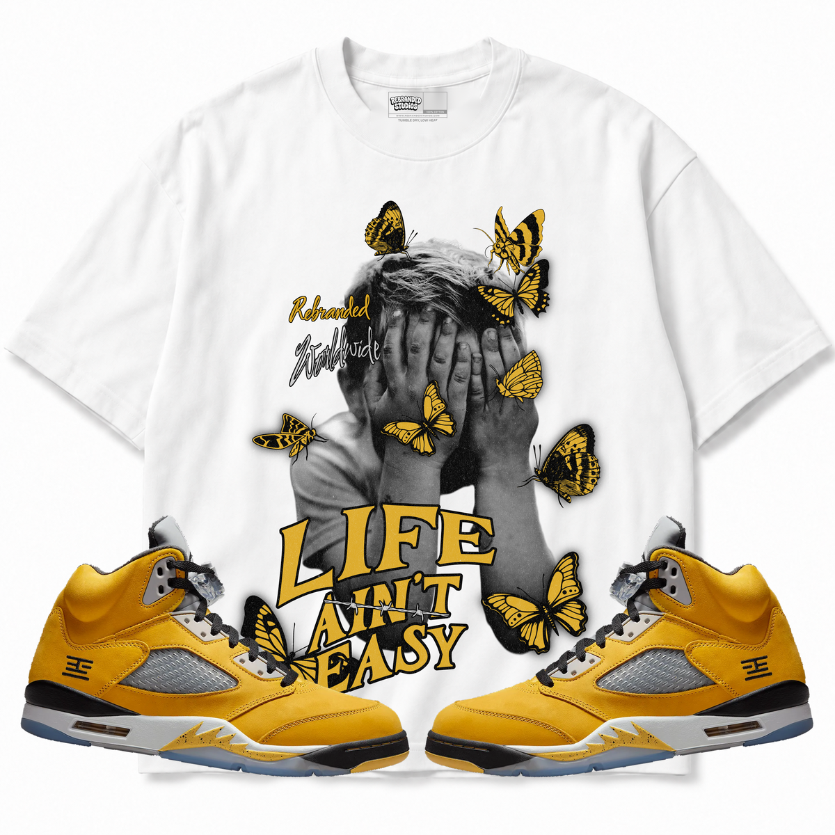 Rebranded Studios apparel — front styled with matching sneakers