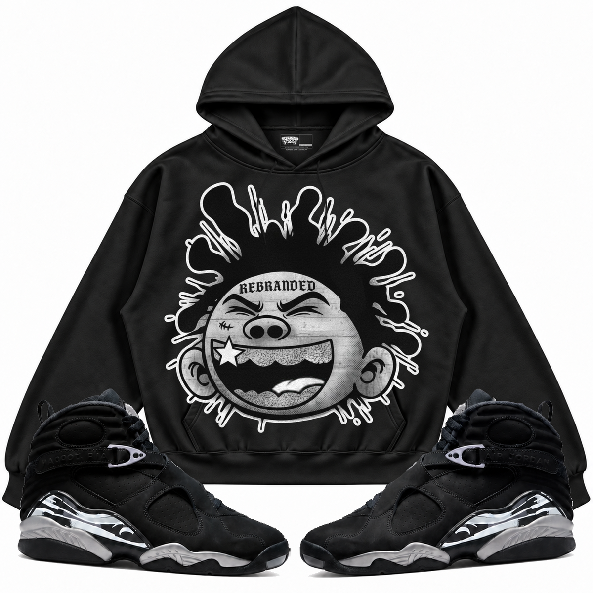 Rebranded Studios apparel — front styled with matching sneakers