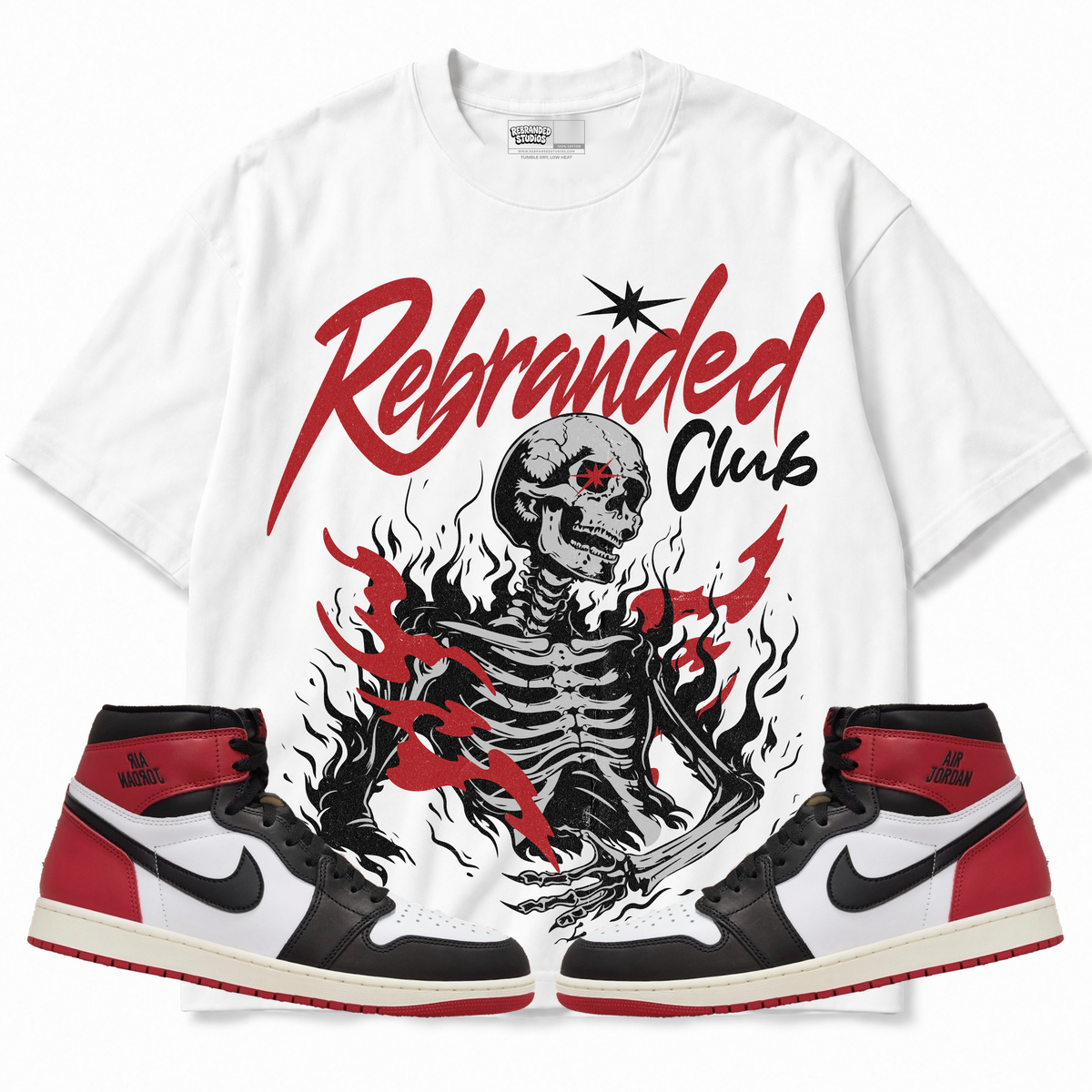 Rebranded Studios apparel — front styled with matching sneakers
