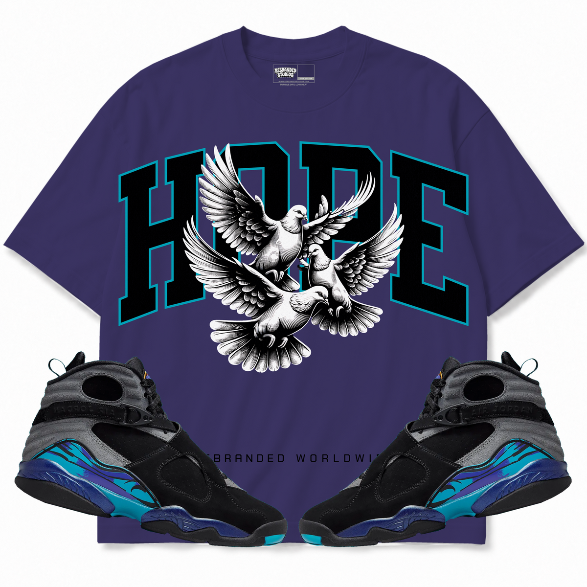 Rebranded Studios apparel — front styled with matching sneakers