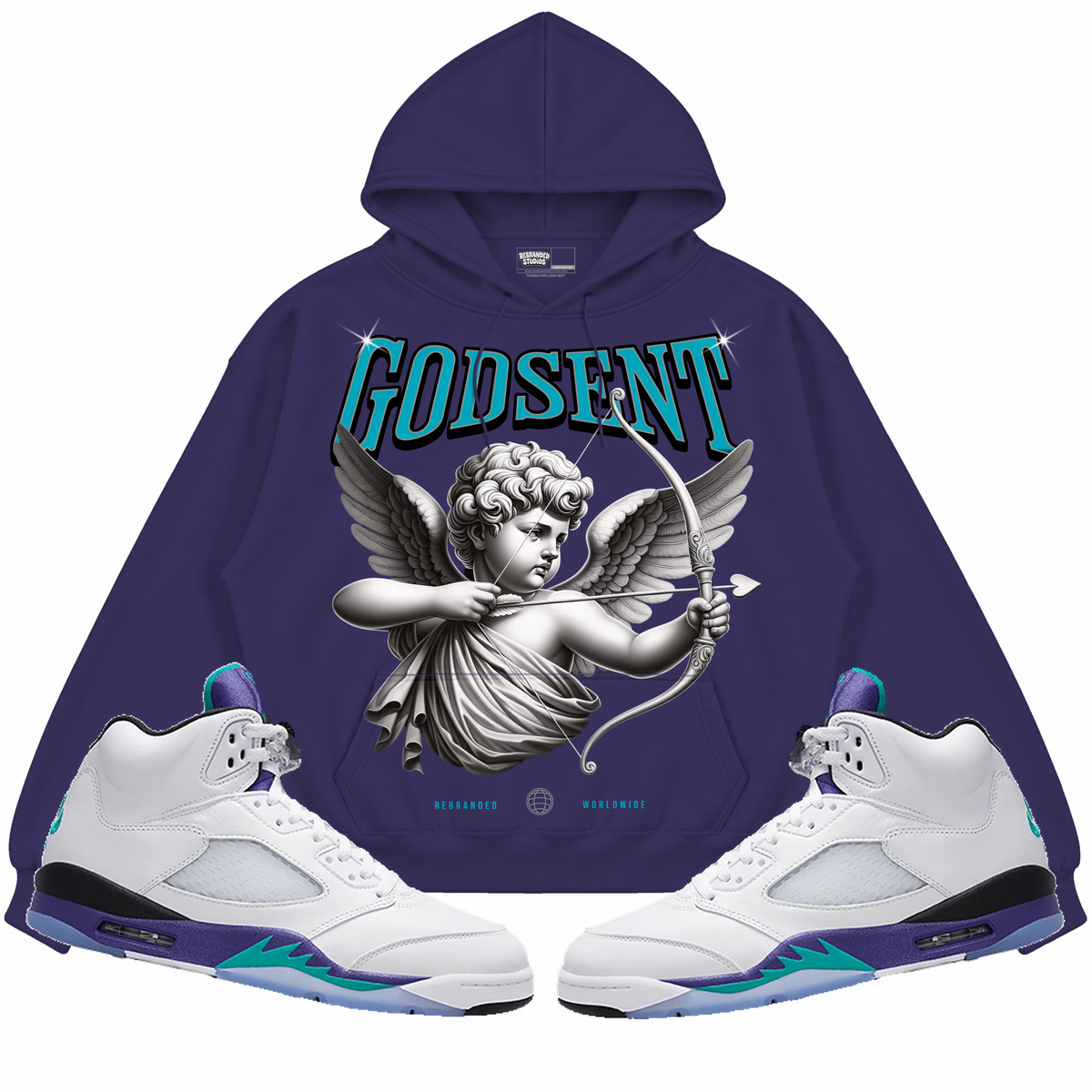 Rebranded Studios apparel — front styled with matching sneakers