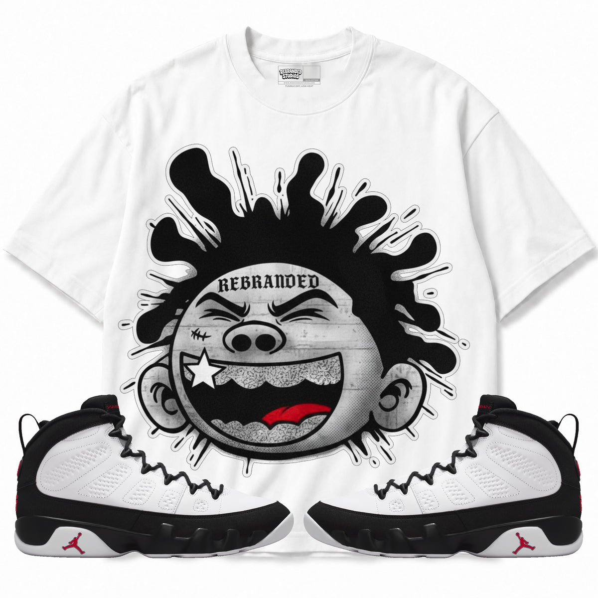 Rebranded Studios apparel — front styled with matching sneakers