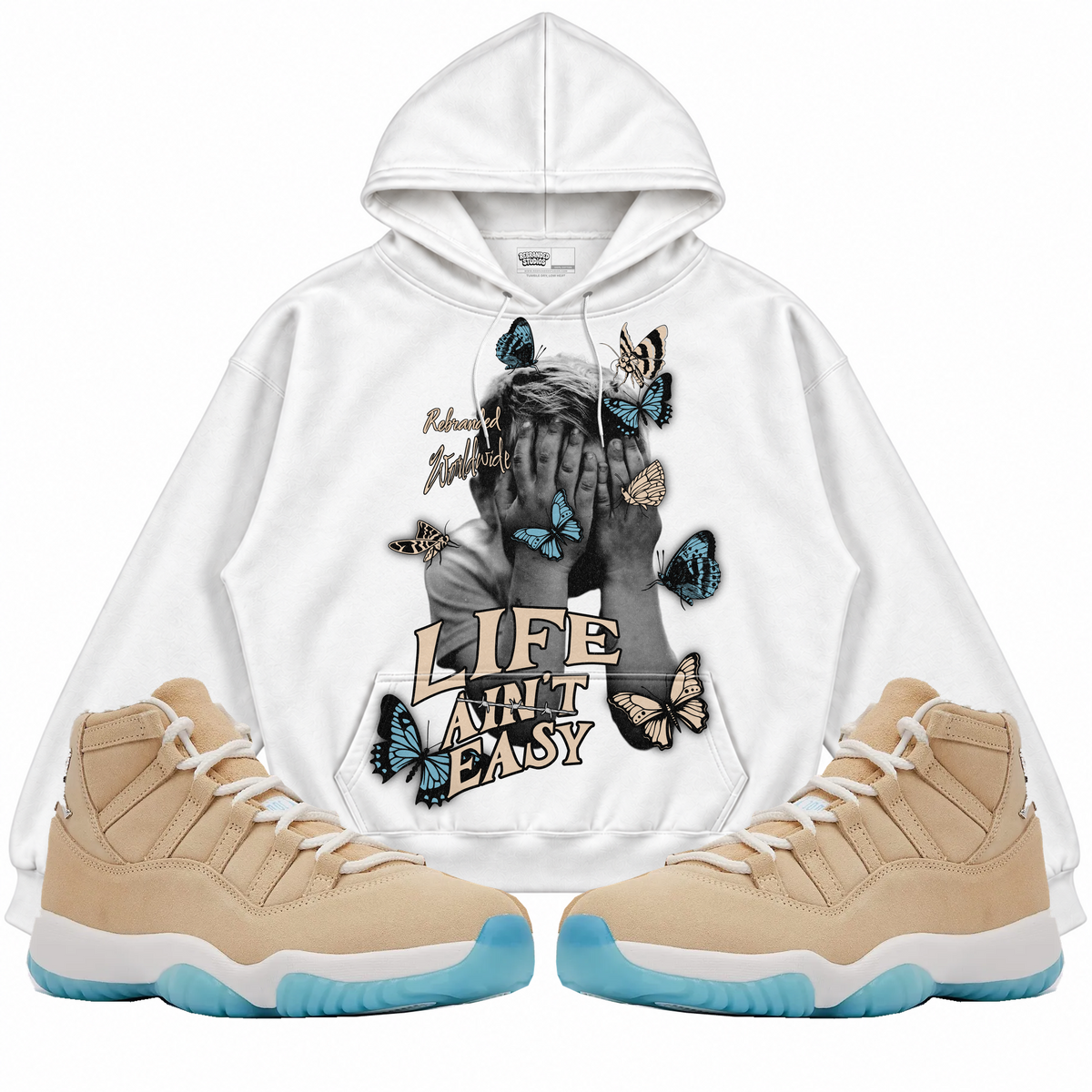 Rebranded Studios apparel — front styled with matching sneakers