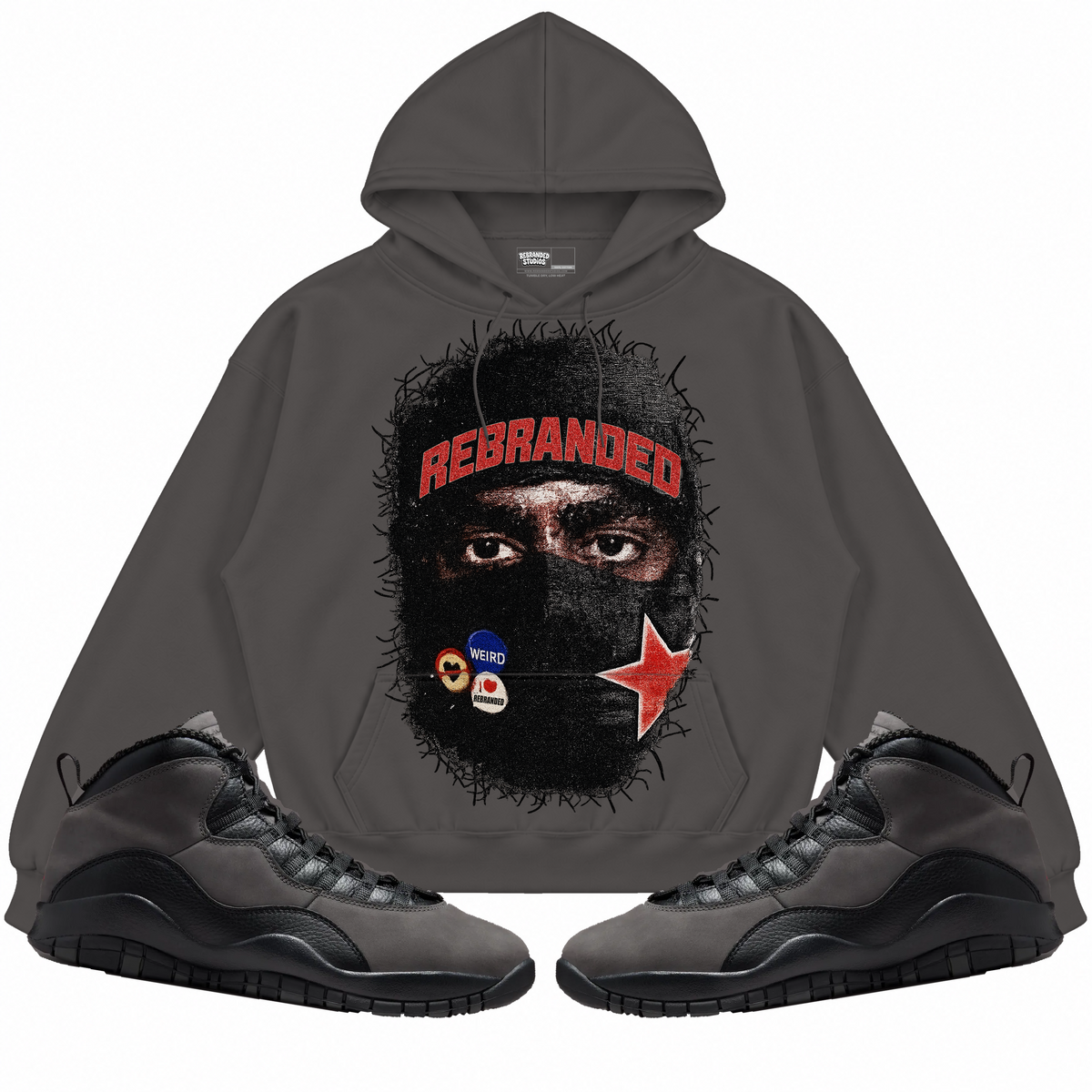 Rebranded Studios apparel — front styled with matching sneakers
