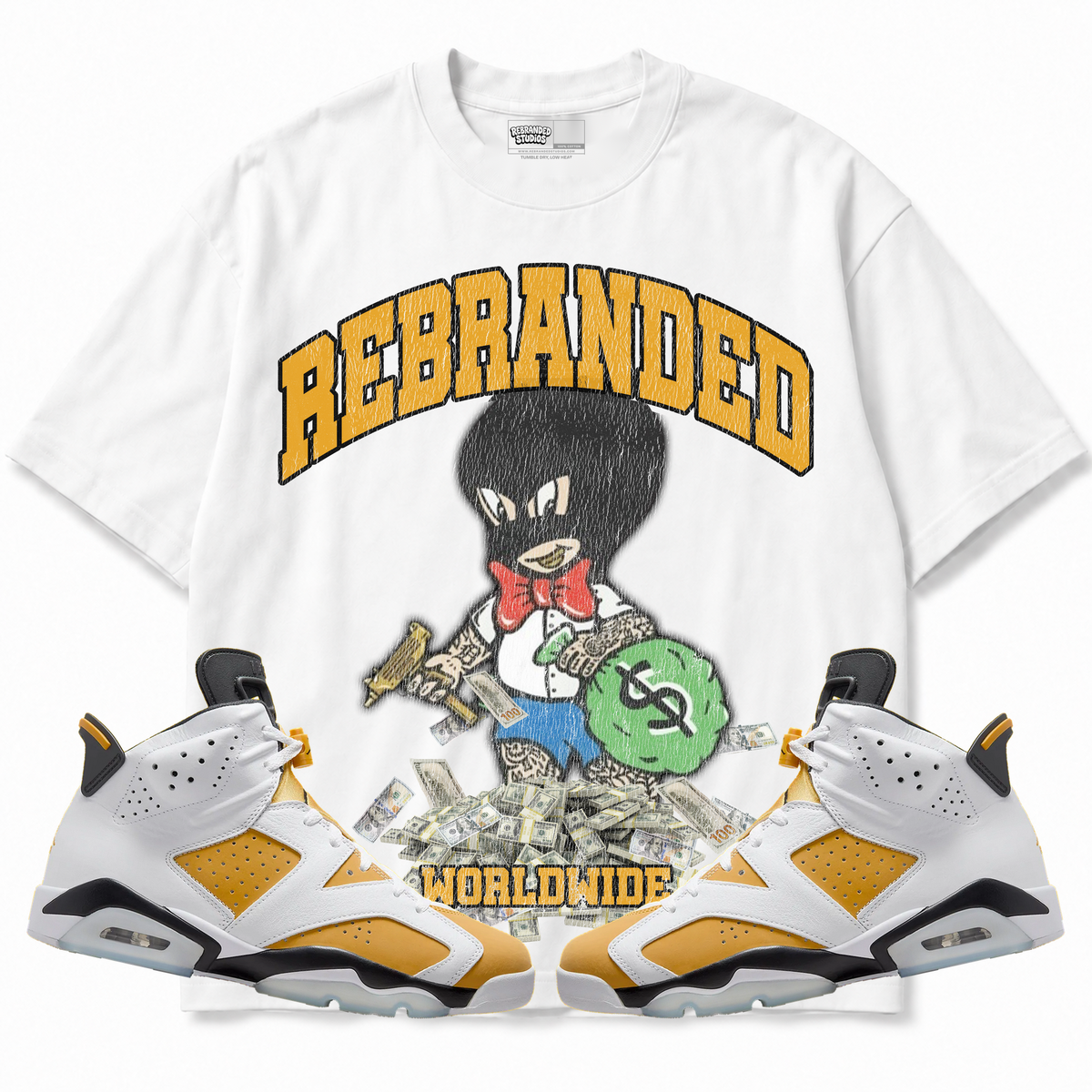 Rebranded Studios apparel — front styled with matching sneakers