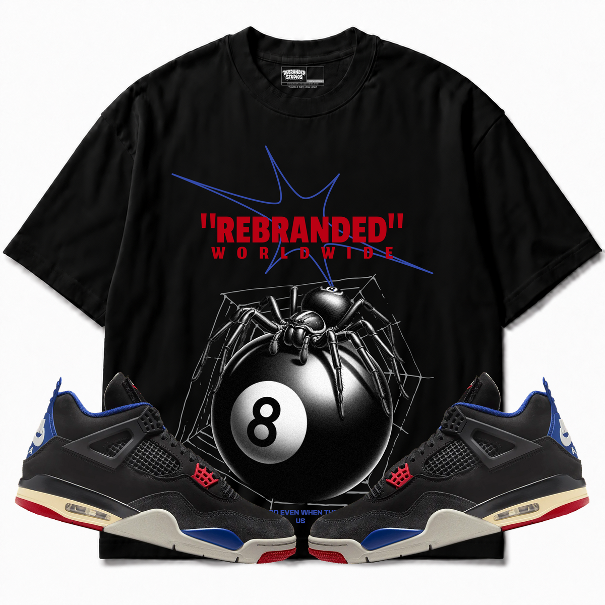 Rebranded Studios apparel — front styled with matching sneakers