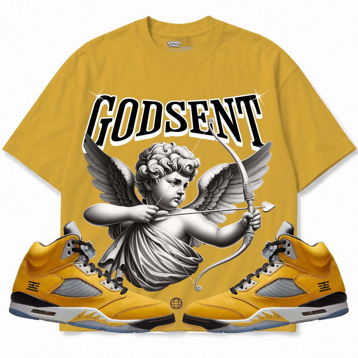 Rebranded Studios apparel — front styled with matching sneakers