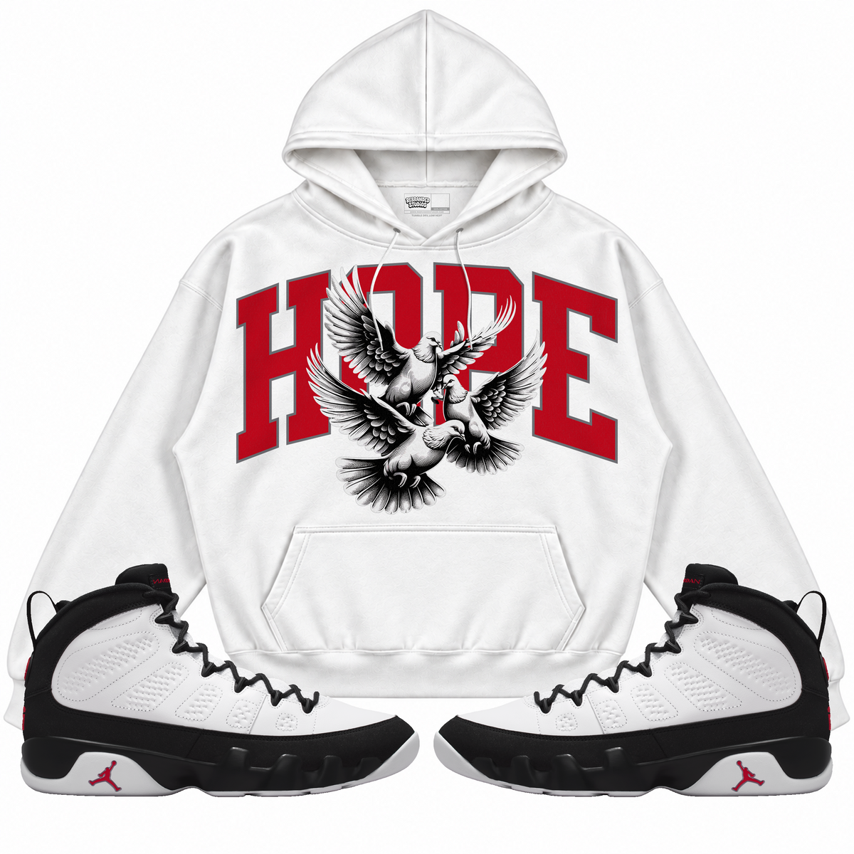 Rebranded Studios apparel — front styled with matching sneakers