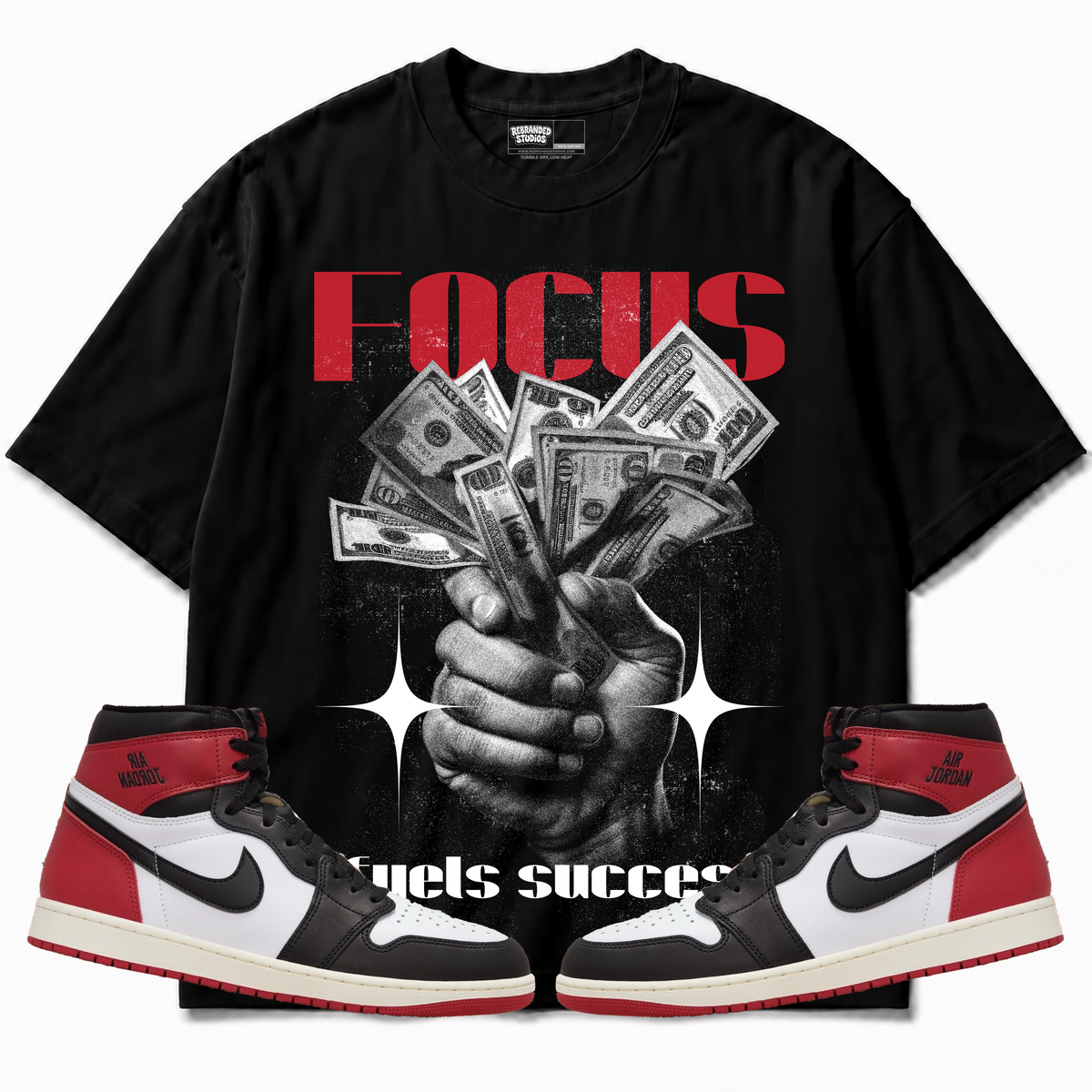 Rebranded Studios apparel — front styled with matching sneakers