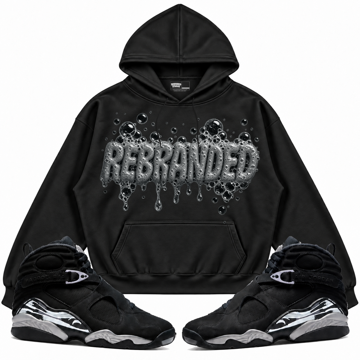 Rebranded Studios apparel — front styled with matching sneakers