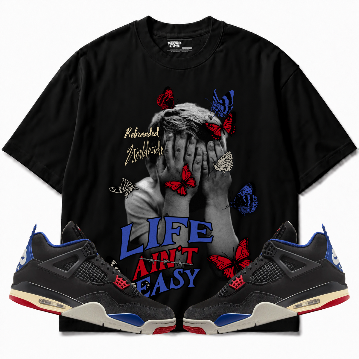 Rebranded Studios apparel — front styled with matching sneakers