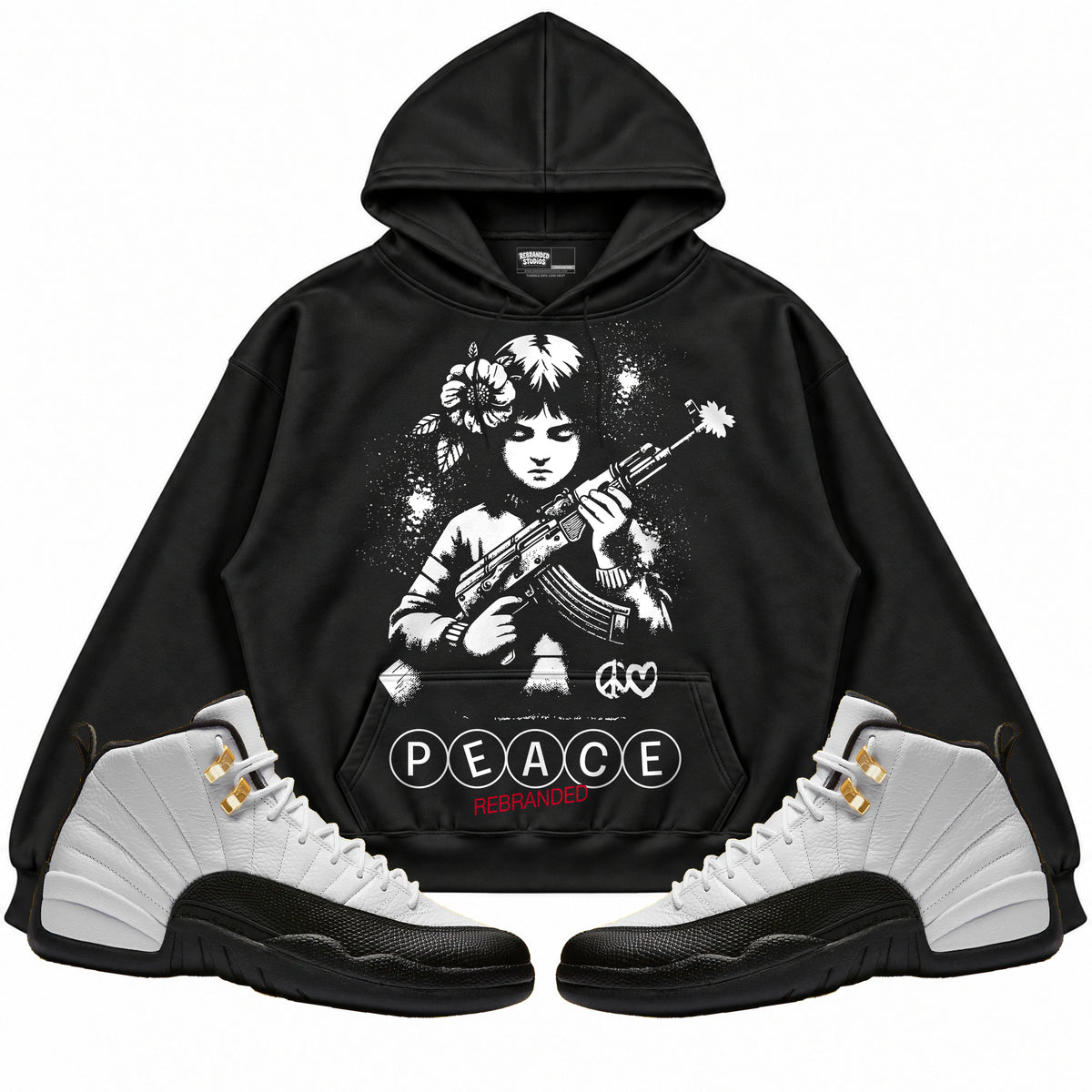 Rebranded Studios apparel — front styled with matching sneakers