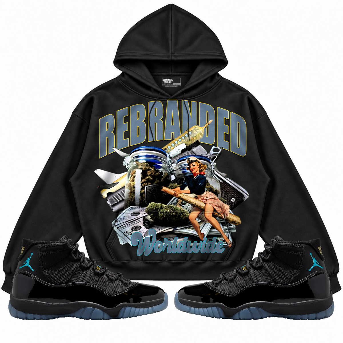 Rebranded Studios apparel — front styled with matching sneakers