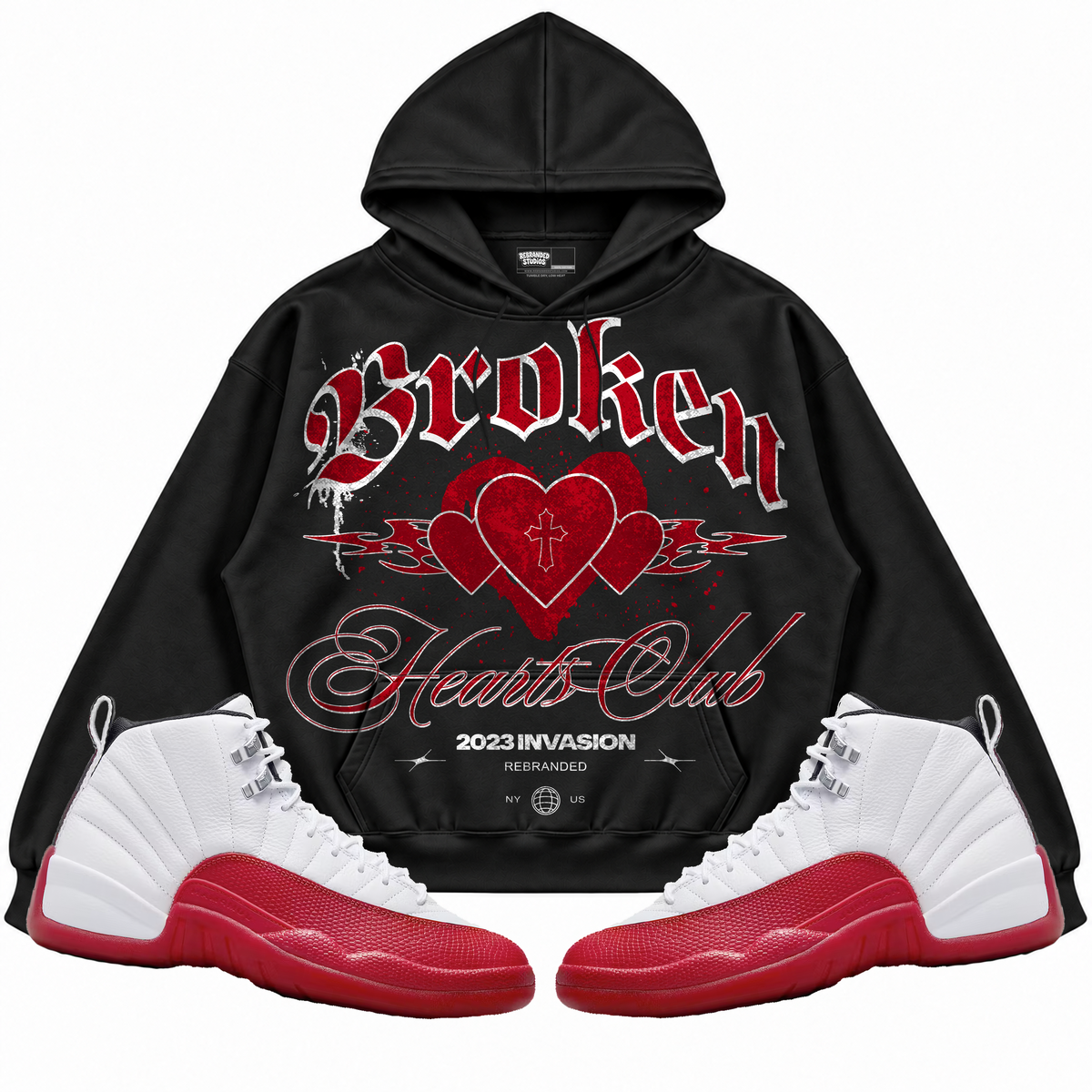Rebranded Studios apparel — front styled with matching sneakers