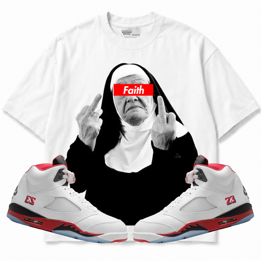 Rebranded Studios F**k Em Fire Red 5 T-shirt front with matching sneakers