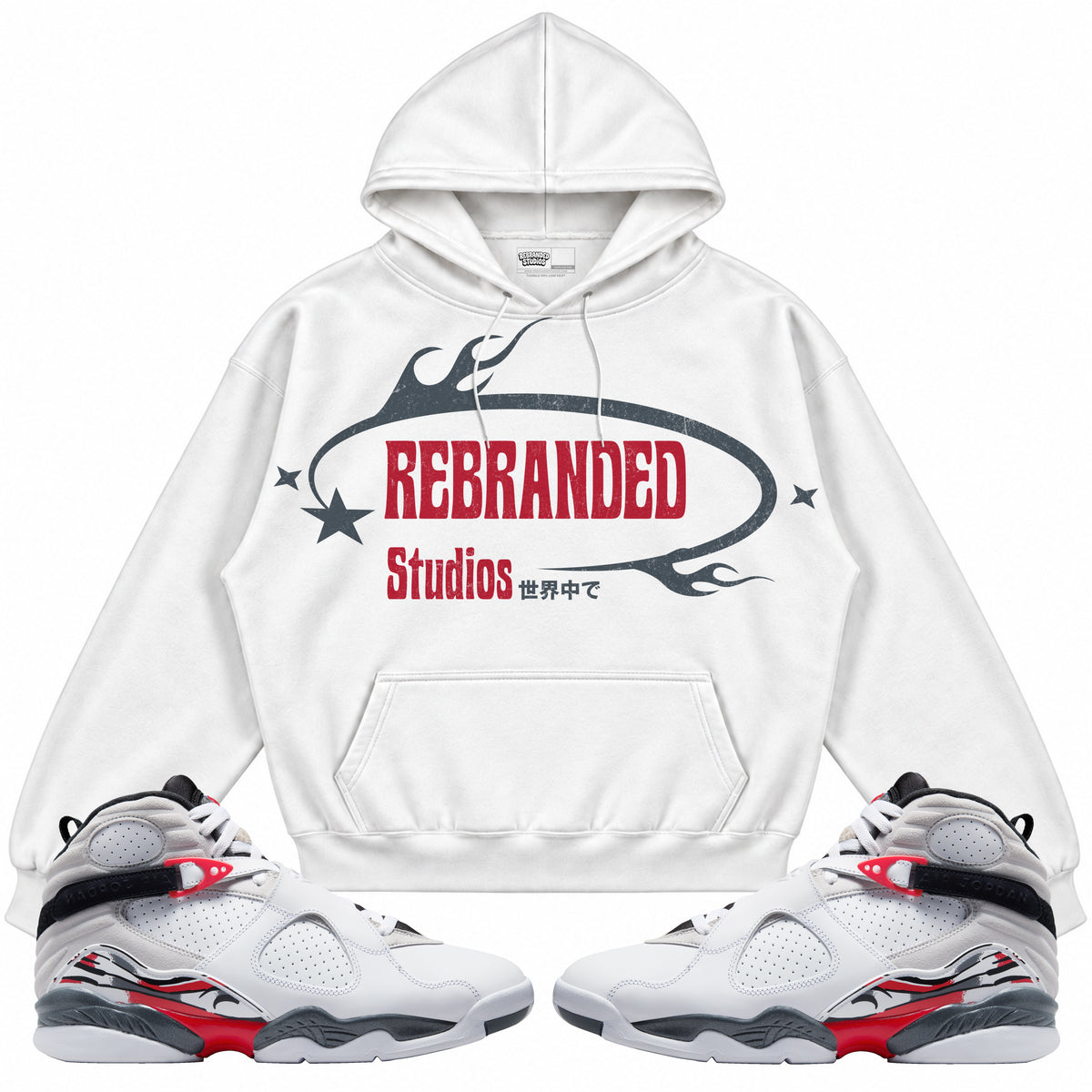 Rebranded Studios apparel — front styled with matching sneakers