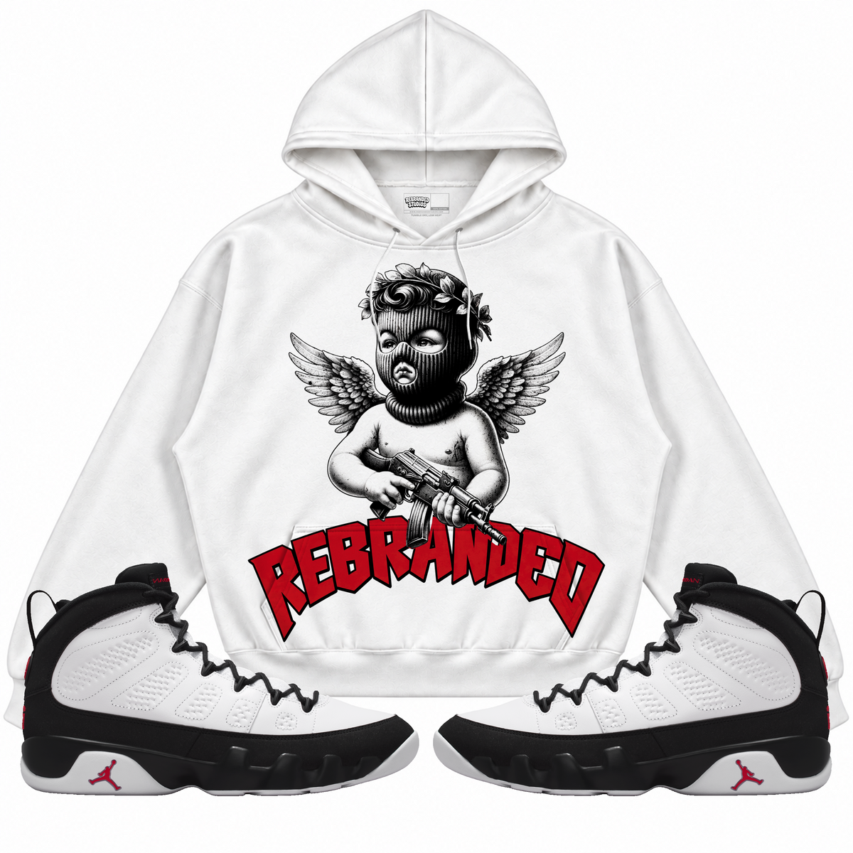 Rebranded Studios apparel — front styled with matching sneakers