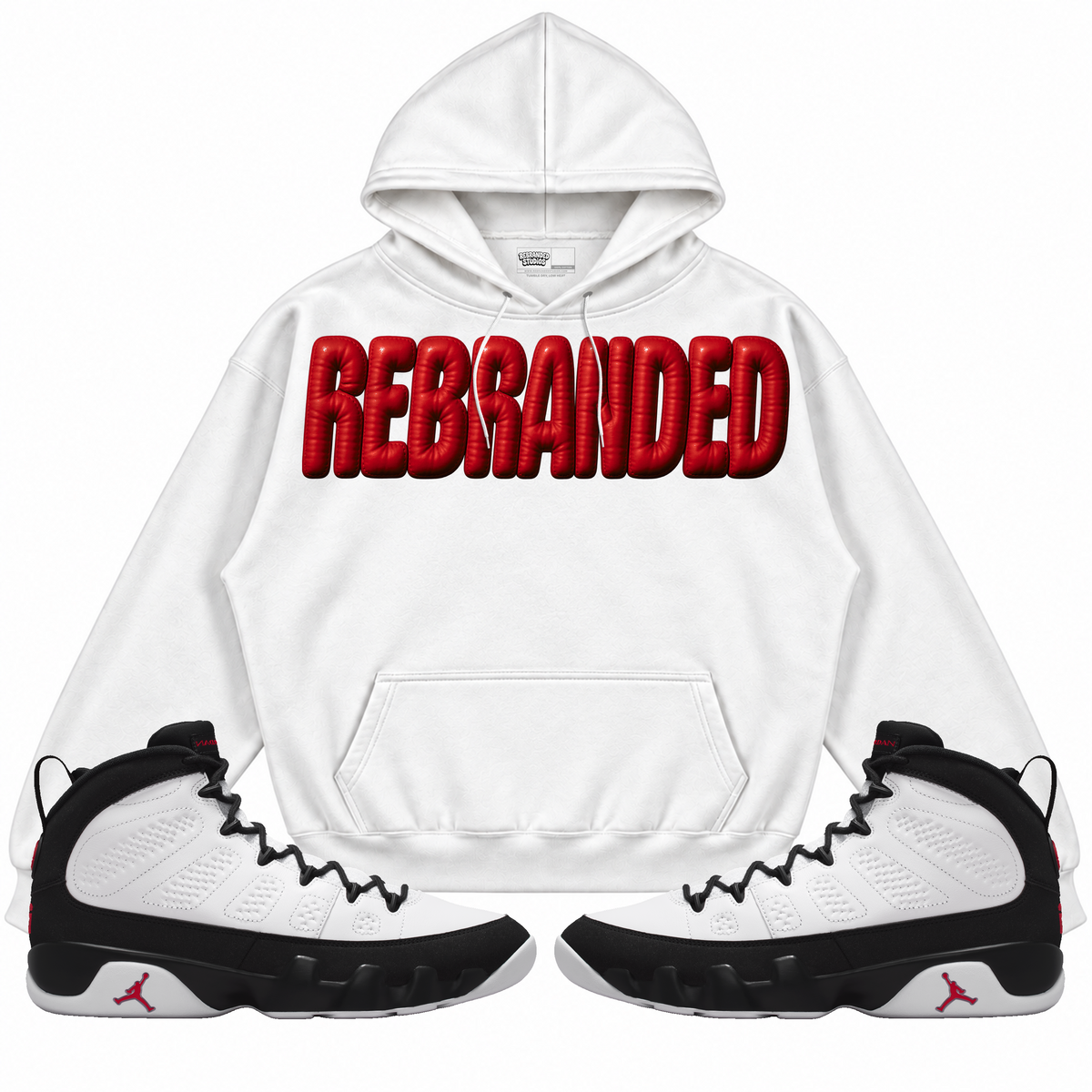 Rebranded Studios apparel — front styled with matching sneakers