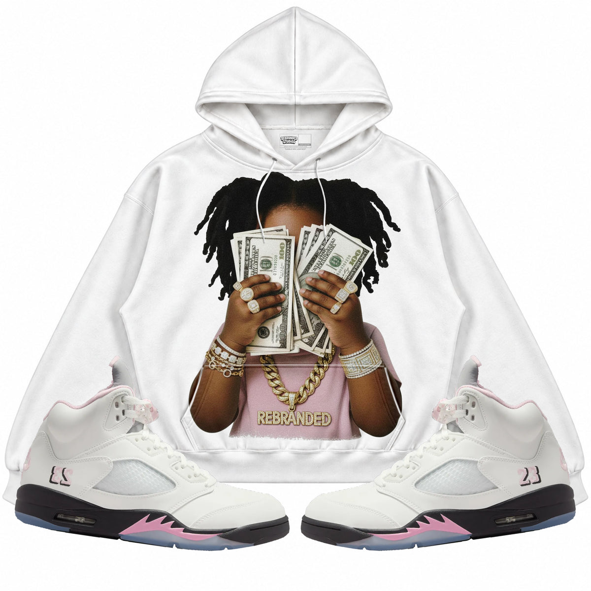 Rebranded Studios apparel — front styled with matching sneakers