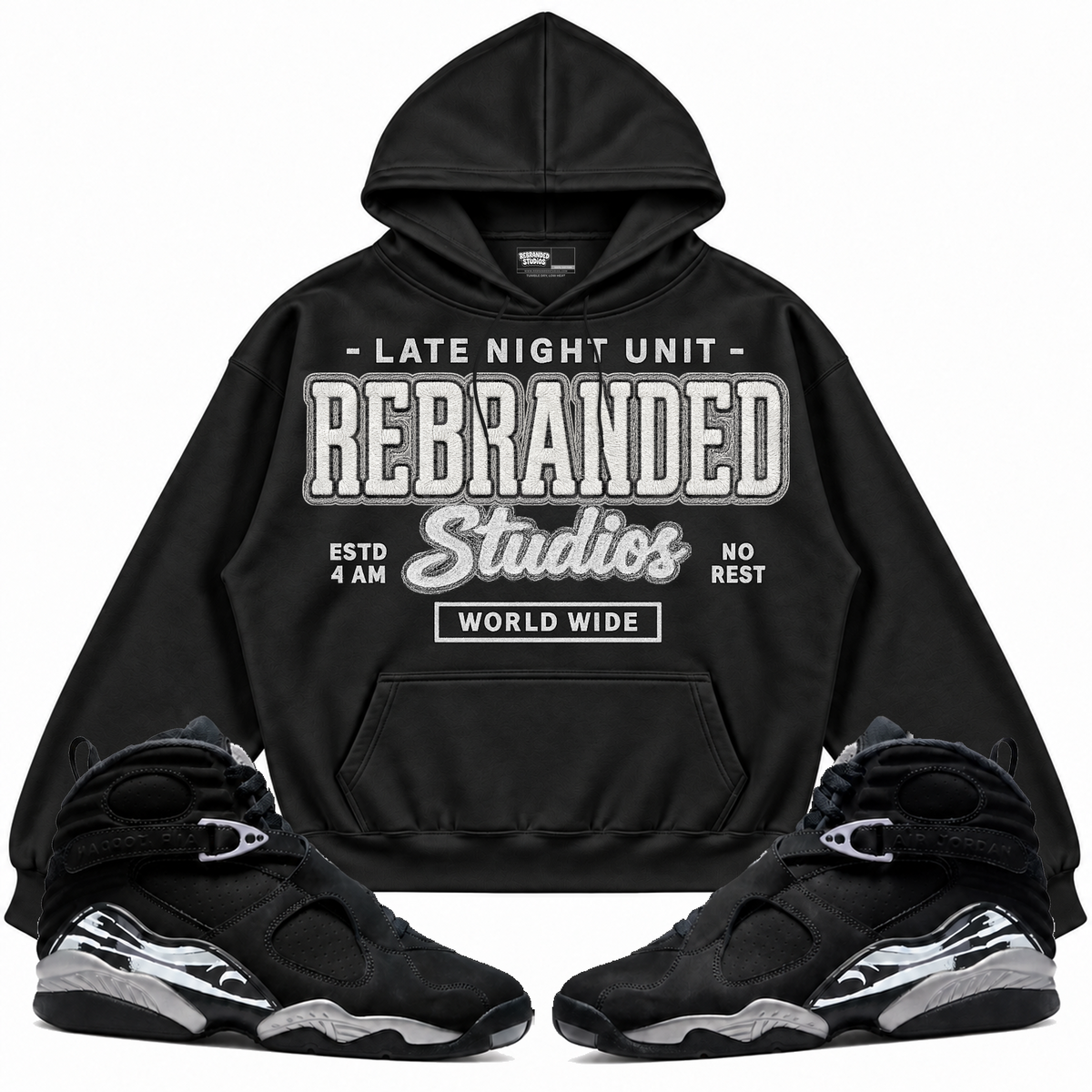 Rebranded Studios apparel — front styled with matching sneakers