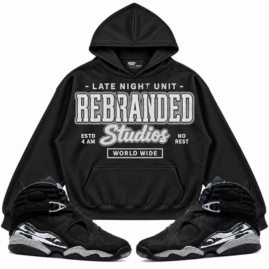 Rebranded Studios apparel — front styled with matching sneakers