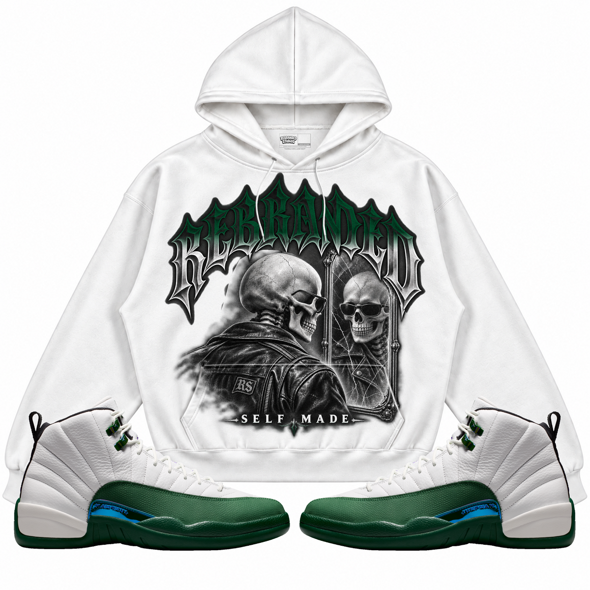 Rebranded Studios apparel — front styled with matching sneakers