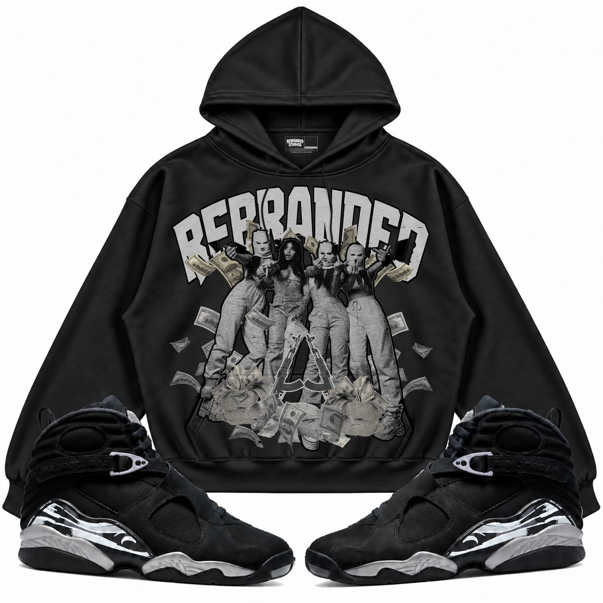 Rebranded Studios apparel — front styled with matching sneakers