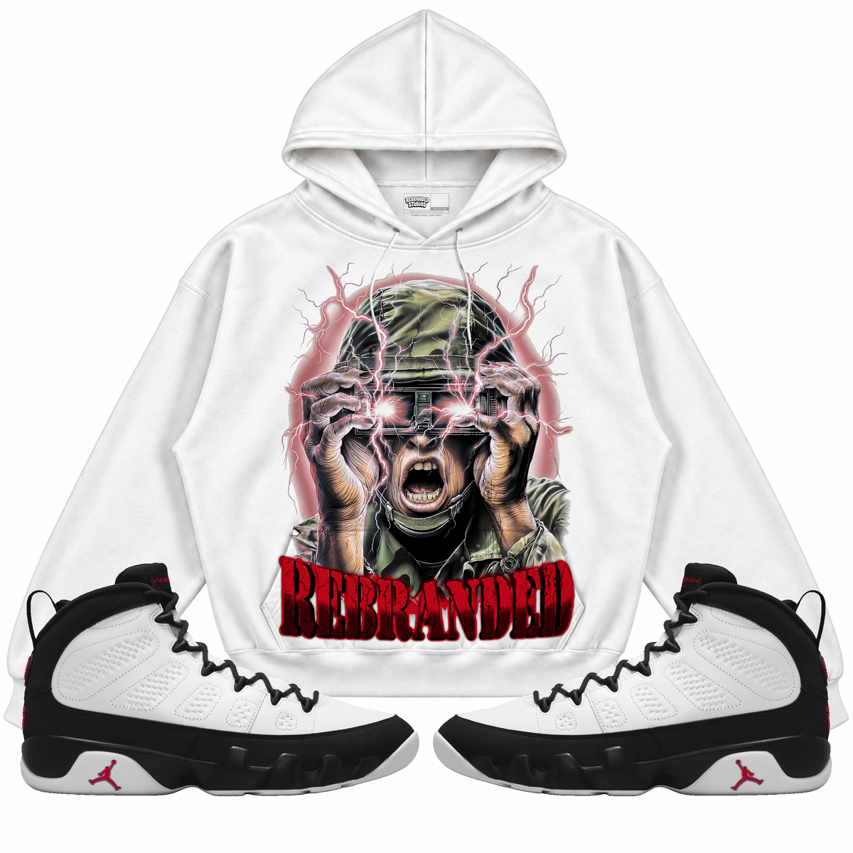 Rebranded Studios apparel — front styled with matching sneakers